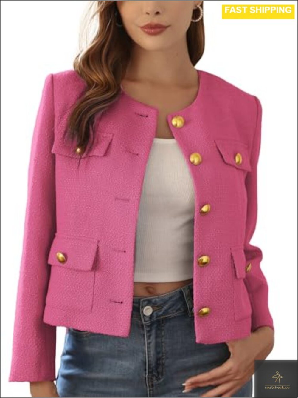 Cropped Tweed Blazer Collarless Gold-Tone Buttons Lined